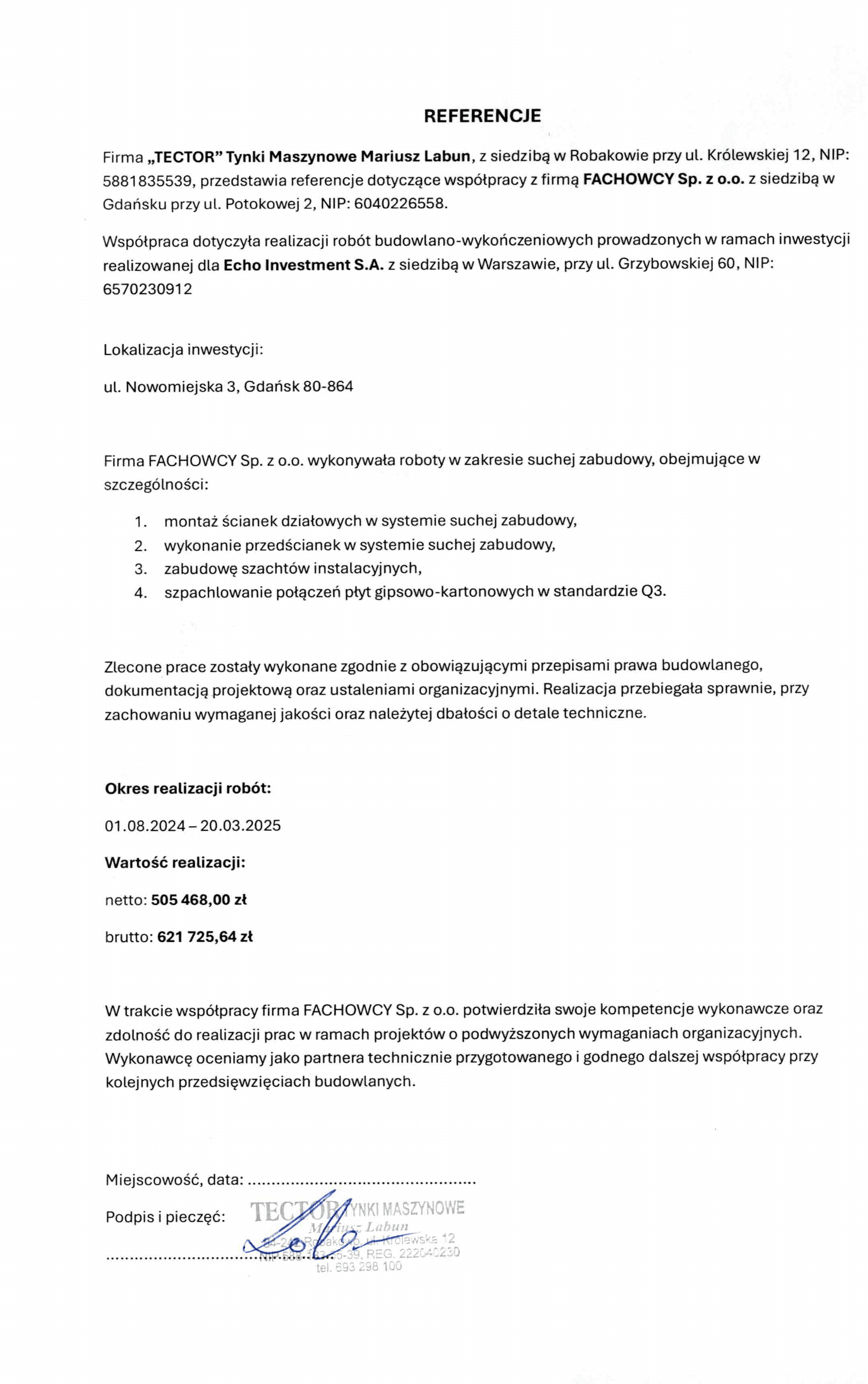 TECTOR Tynki Maszynowe - Echo Investment - Nowomiejska