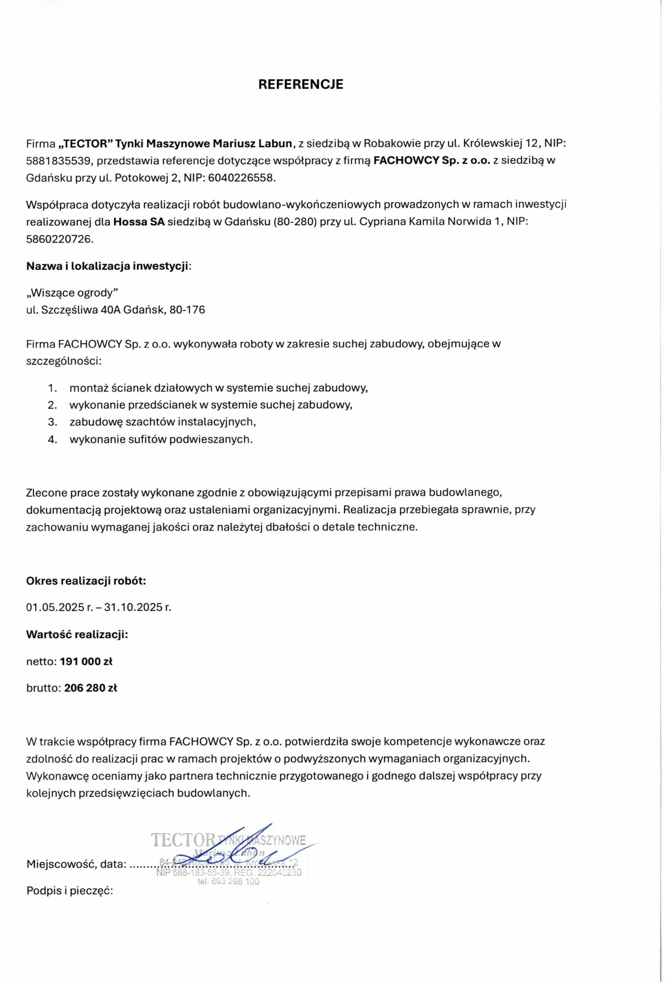 TECTOR Tynki Maszynowe - Hossa SA - Wiszące Ogrody