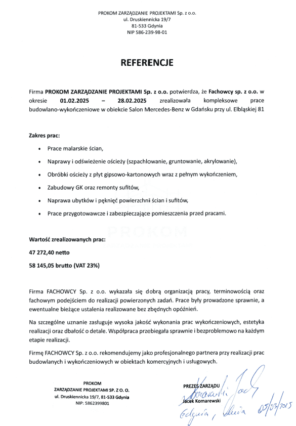 PROKOM - Salon Mercedes - Prace malarskie i wykończeniowe
