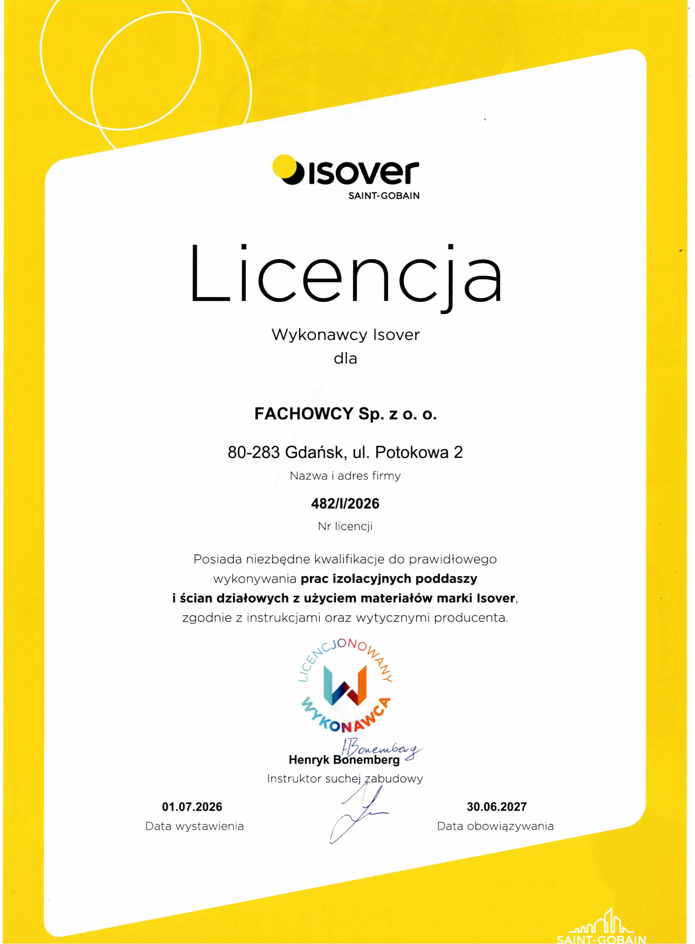 Licencja Wykonawcy Isover